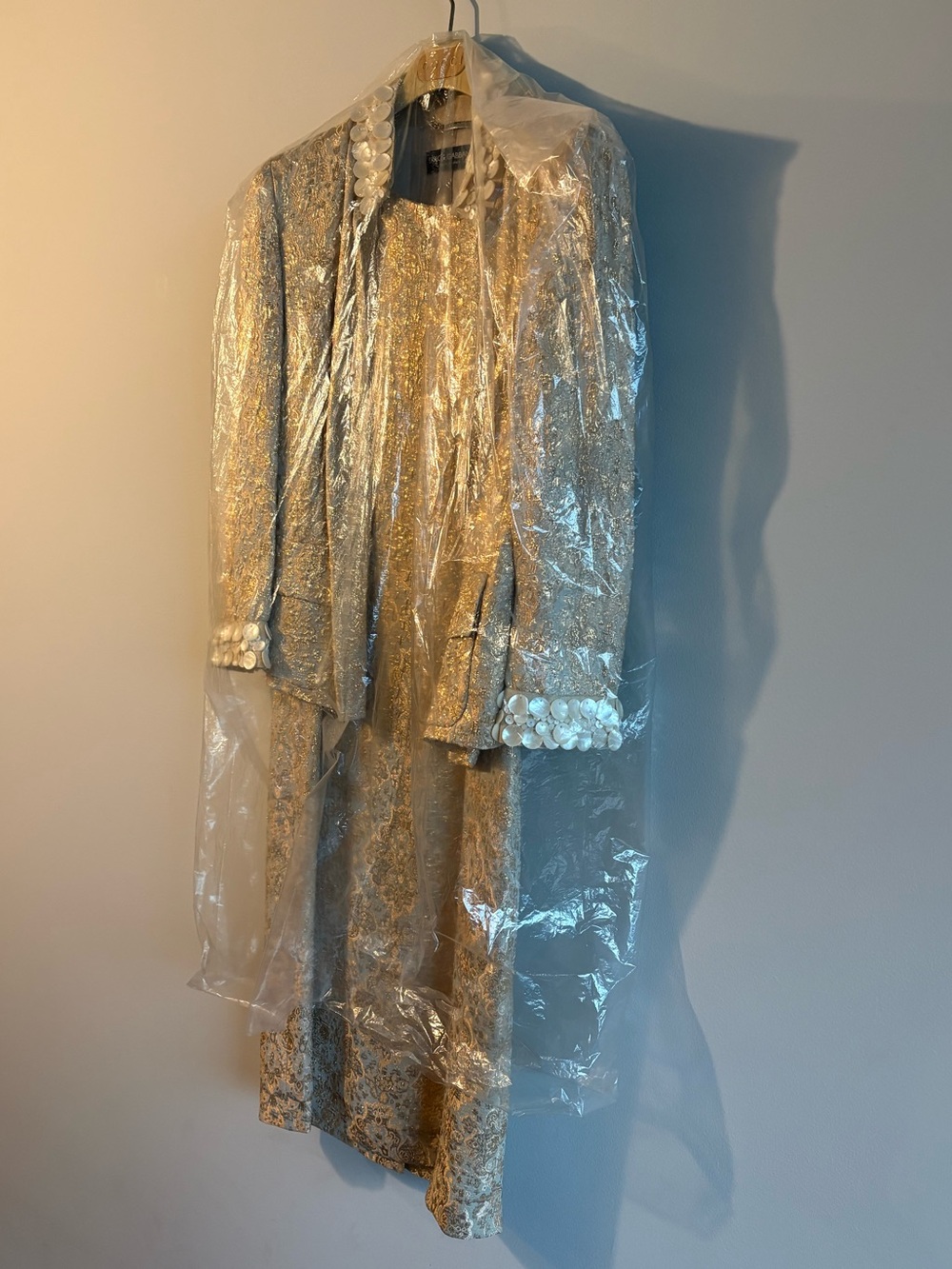 Dolce & Gabbana Gold Brocade Dress with Mother-of-Pearl Trim